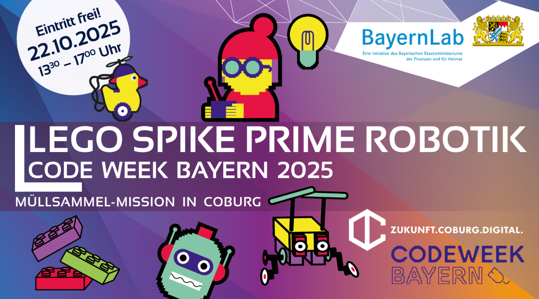 Veranstaltungsgraphik zur Code Week Bayern 2025 - BayernLab Forchheim on Tour. Bunter Hintergrund mit verschiedenen bunten Aufklebern im Codeweek Design, sehr einfach und bunt. Zu sehen ist ein Laptop mit Maus, eine Roboter Ente, ein Hüpfer-Roboter, Lego Steine, ein 3D-Drucker, eine VR-Brille und ein Roboterkopf. In einem Kreis steht der Text 