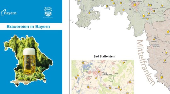 Deckblatt der Karte Brauereinen in Bayern mit gefülltem Bierkrug in Umriss Bayerns, daneben Kartenausschnitt