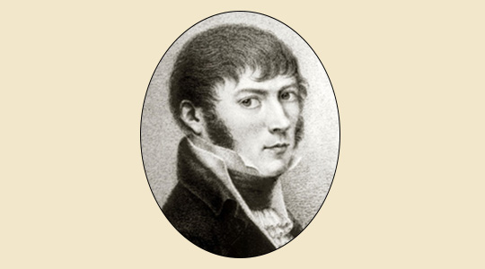 Portrait Joseph von Fraunhofer (1787-1826), Bruststück im Profil mit dem Betrachter zugewandtem Gesicht. Trägt eine dunkle Jacke, weißes hochgeschlossenes Hemd mit Rüschen und ein dunkles Tuch, eng um den Hals gewickelt.